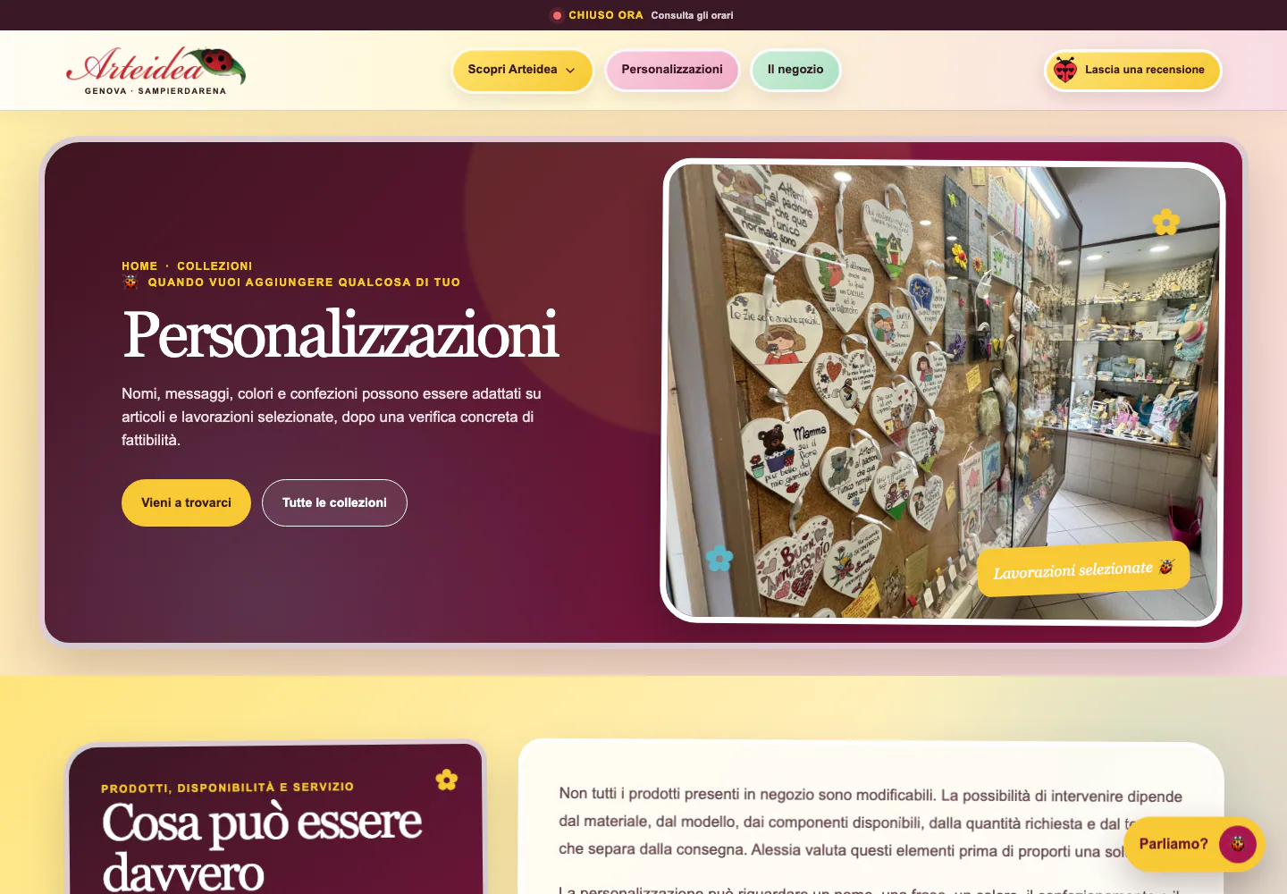 Pagina delle personalizzazioni del sito Arteidea Genova